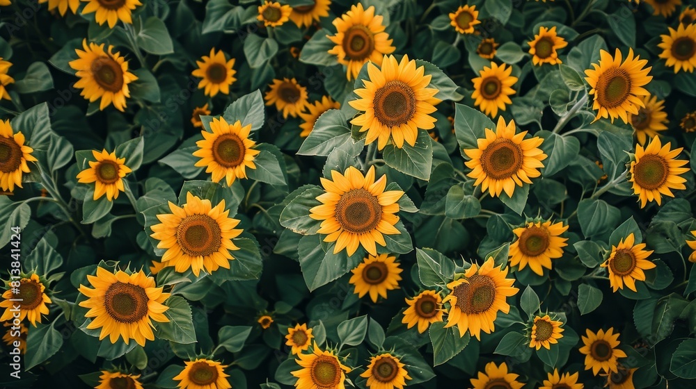 An aerial view of a vast field filled with rows of vibrant, blooming sunflowers, which are being cultivated for their potential in producing biofuel, illustrating the versatility o An aerial view of a vast field filled with rows of vibrant, blooming sunflowers, which are being cultivated for their potential in producing biofuel, illustrating the versatility o