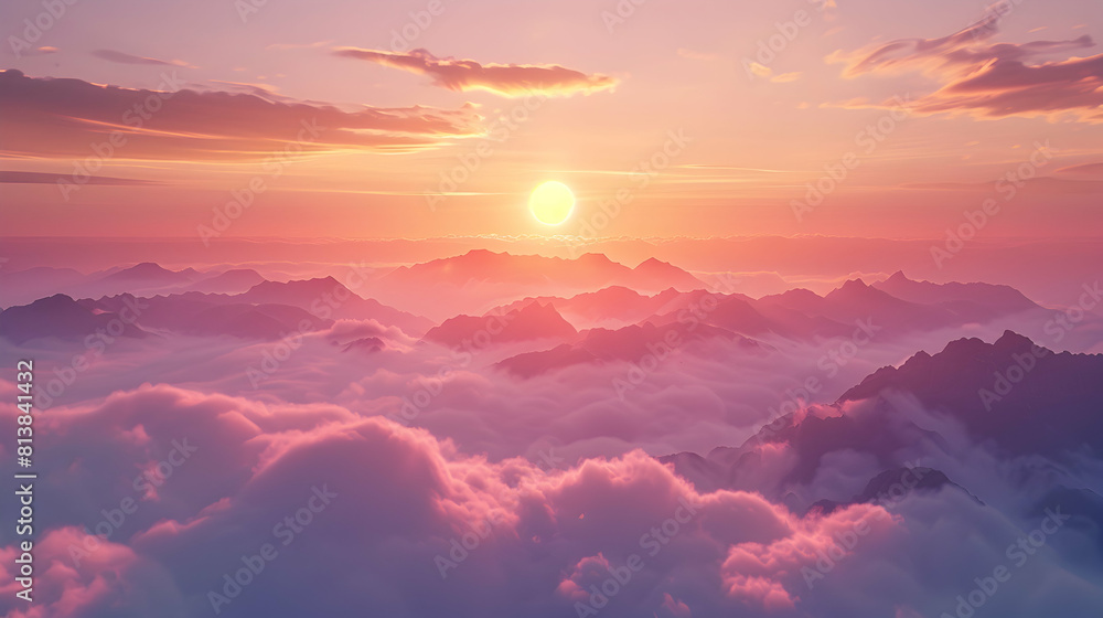 Photo Stock: Photo realistic Sunrise Over Misty Mountains   Early rays of sun piercing mist over mountains for breathtaking natural wallpapers