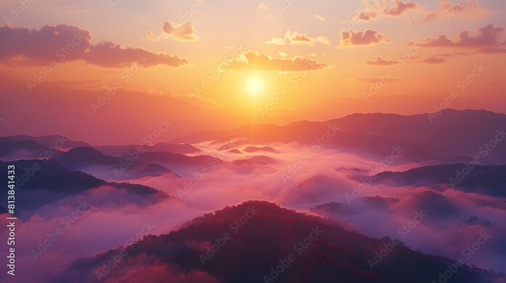 Photo realistic Sunrise Over Misty Mountains: Early rays of sun piercing mist over mountains for breathtaking natural wallpapers