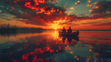 Sunset Canoe Adventure: A photo realistic concept of a canoe gliding on a mirrored lake at sunset with adventurers paddling under a crimson painted sky