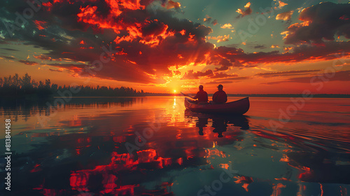 Sunset Canoe Adventure  A photo realistic concept of a canoe gliding on a mirrored lake at sunset with adventurers paddling under a crimson painted sky