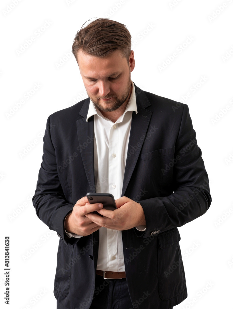 Business man using smartphone for messaging communication transparent background Business man using smartphone for messaging communication transparent background
