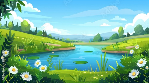 Water flowing into a lake, green grass and flowers. Modern illustration of a country landscape featuring an inflowing water stream or river, pond, and meadows. photo