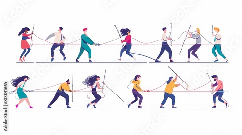 Set of scenes with people pulling ropes. Business teams in a tug of war battle. Rivalry between rival groups. Characters arguing, arguing, wrestling, flat modern illustration.
