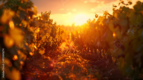 Breathtaking Photo Realistic Sunset Over Vineyards  The Golden Glow of the Setting Sun Illuminates Rows of Vines Ready for Harvest   Stock Photo Concept