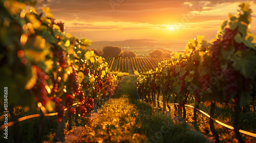 Golden Hour Glow: Vineyards Aglow at Sunset, Ready for Harvest Photo Realistic Concept