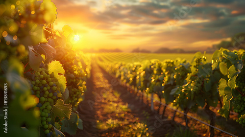 Vivid and Serene: Sunset Over Vineyards Capturing the Essence of Harvest Time with Golden Hues and Rows of Vines Ready for Harvest Photo Realistic Concept