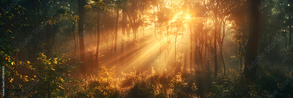 Enchanting Sunset Through Dense Forest: Rays of Setting Sun Filter, Painting Foliage in Warm Light   Photo Realistic Concept