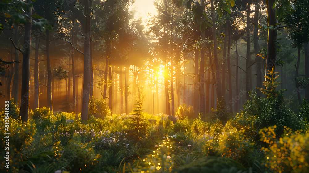Enchanting Sunset Through Forest: Sun s Rays Filter, Cast Shadows  Warm Light on Foliage   Photo Realistic Concept