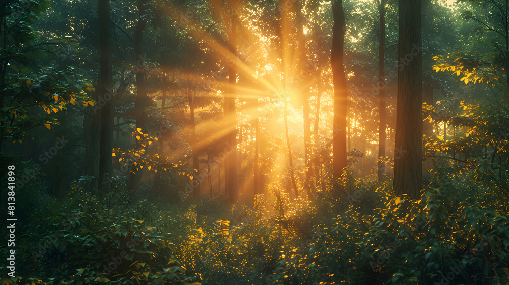 Enchanting Sunset Through the Forest: Rays of Sunlight Transforming the Lush Foliage with Warmth and Shadows