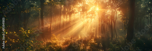 Enchanting Sunset Through Dense Forest  Rays of Setting Sun Filter  Painting Foliage in Warm Light   Photo Realistic Concept