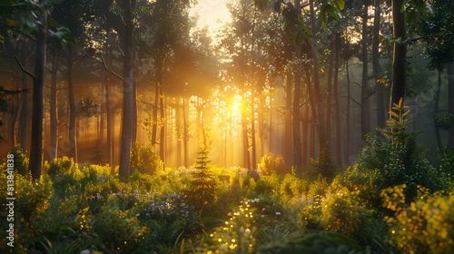 Enchanting Sunset Through Forest  Sun s Rays Filter  Cast Shadows  Warm Light on Foliage   Photo Realistic Concept