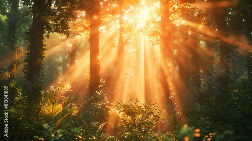 Enchanting Sunset Through Dense Forest: Rays of Setting Sun Painting Foliage in Warm Light   Photo Realistic Stock Concept © Gohgah