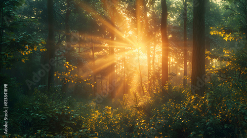 Enchanting Sunset Through the Forest  Rays of Sunlight Transforming the Lush Foliage with Warmth and Shadows