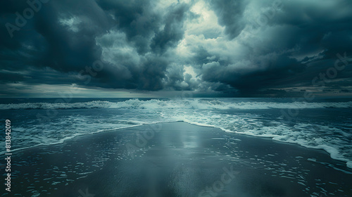 Serene Beach with Dark Thunderclouds: A Photo Realistic Depiction of Calm and Chaos as Thunderstorm Approaches Adobe Stock Photo Concept