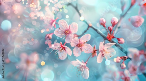 beautiful blooming cherry flowers on a blurred background, creating a bokeh effect. The flowers have a soft pink color with yellow and red cores photo