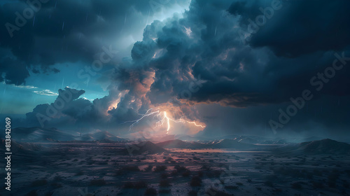 Thunderstorm Over Desert: A dramatic transformation of barren land as lightning illuminates the desert landscape. photo