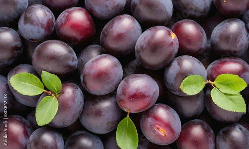 Ripe plums that are dark purple with a slight red tint, appearing to be fresh and juicy. Two bright green leaves are visible among the plums adding contrast to the image.
