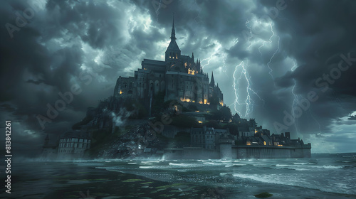 Resilient Historical Castle in Thunderstorm   Merging History with Dramatic Weather in Stunning Photo Realistic Concept