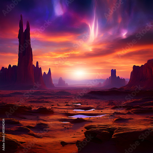 A vast, otherworldly desert landscape, dotted with towering sandstone spires and mesas, under a sky filled with swirling colors of an alien aurora.