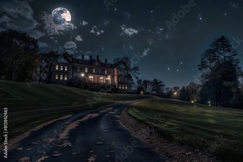 majestic mansion on a hill long winding driveway dark night moon atmospheric landscape photography