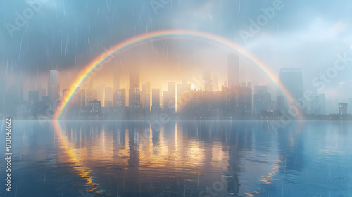 Urban Rainstorm with Rainbow: Nature s Tranquility meets Urban Dynamism in Cityscape