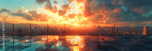 Urban Rooftop Sunset: A sunset view from an urban rooftop with cityscape against a fading sun