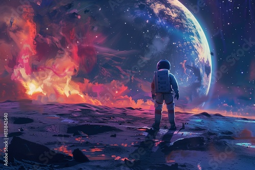 A Lone Astronaut  Bathed in Starlight  Gazes upon a Vibrant Alien World