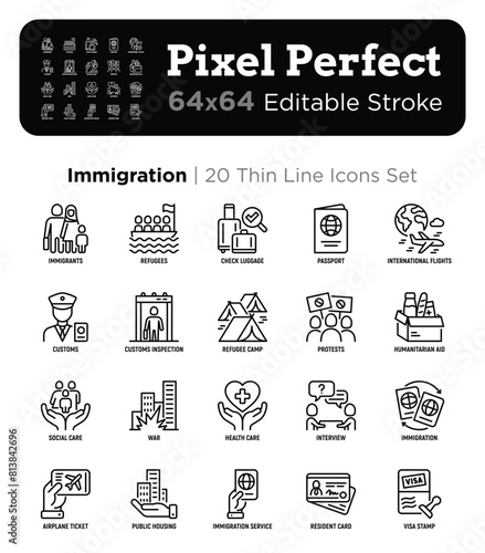 Immigration thin line icons set: immigrants, illegals, baggage examination, passport, resident card, public housing, customs, inspection, demonstration. Editable stroke. Vector illustration.