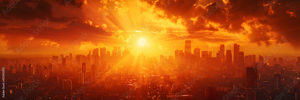 Fiery Urban Sunset Drama: City skyline illuminated by setting sun ...