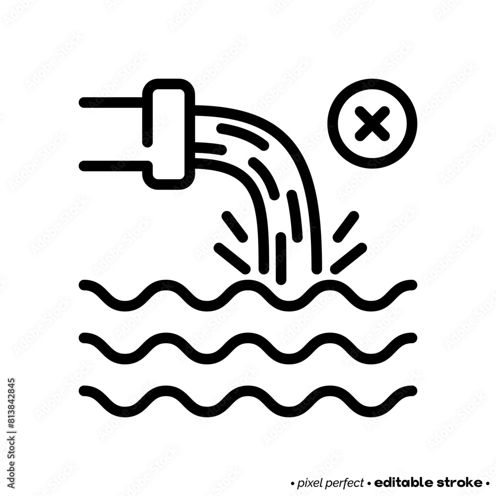 Wastewater, dirty toxic water falling in the ocean from pipe thin line icon. Editable stroke. Water pollution. Vector illustration. Wastewater, dirty toxic water falling in the ocean from pipe thin line icon. Editable stroke. Water pollution. Vector illustration.