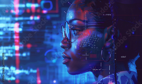 AI Cybersecurity Threat Visualization  African-American woman working as an IT specialist  examining information technology-related data  in the world of augmented reality and artificial intelligence.