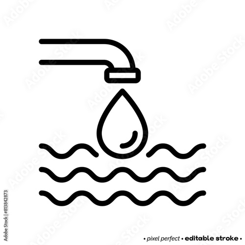 Wastewater, water pollution. Pipe with drop of water falling in sea, ocean. Pixel perfect, editable stroke. Vector illustration. (ID: 813842873)