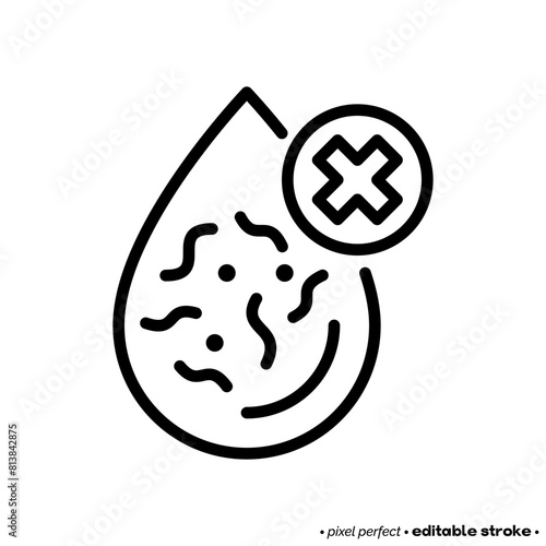 Polluted water, water drop with bacterias and cross mark. Thin line icon. Editable stroke. Vector illustration.