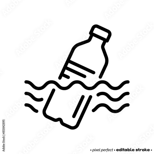 Ocean pollution, plastic bottle in the ocean thin line icon. Garbage in the water. Editable stroke. Vector illustration.