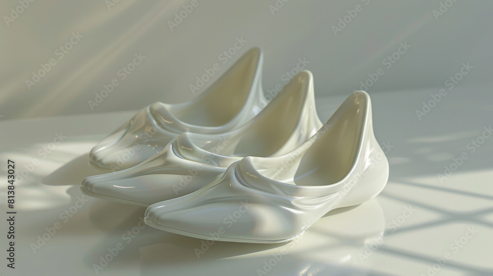 Three pairs of white high heel shoes arranged artistically under soft lighting on a white tiled floor. Three pairs of white high heel shoes arranged artistically under soft lighting on a white tiled floor.