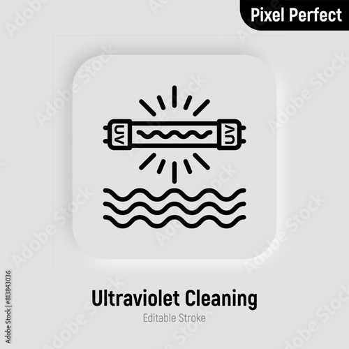 Ultraviolet cleaning of water thin line icon. Disinfection. Editable stroke. Vector illustration. (ID: 813843036)