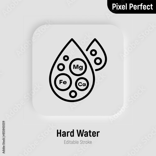 Hard water thin line icon. Water drop with minerals. Editable stroke. Vector illustration. (ID: 813843039)