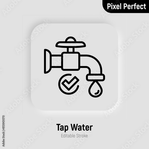 Tap water, faucet with water drop, plumbing thin line icon. Editable stroke. Vector illustration. (ID: 813843070)