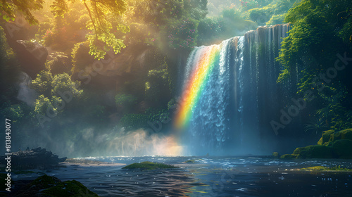 Mesmerizing Rainbow Mist Waterfall: A Stunning Visual Spectacle in Lush Forest   Photorealistic Concept on Adobe Stock © Gohgah