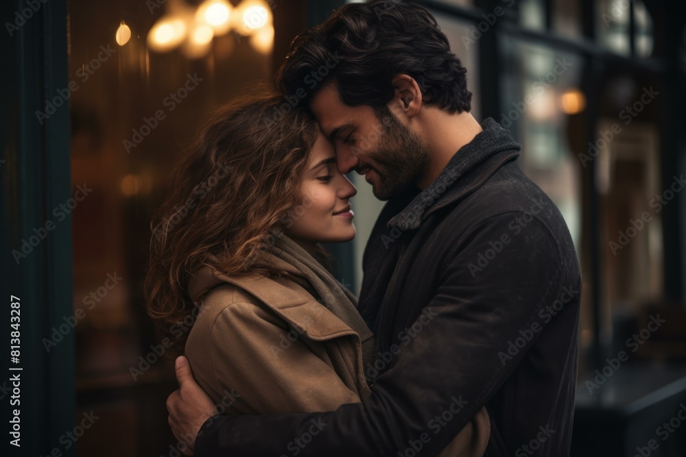 Loving couple hugs intimately on a city street, illuminated by soft evening light Loving couple hugs intimately on a city street, illuminated by soft evening light