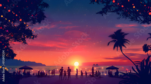 Vector illustration of a fun Beach Sunset Party concept with people enjoying a lively beach gathering under a stunning colorful sunset. Flat design icons for a vibrant evening scen