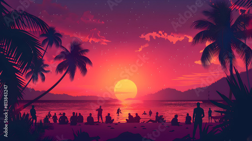 A Cheerful Beach Party at Sunset  People Enjoying the Vibrant Evening   Flat Design Icon Illustration