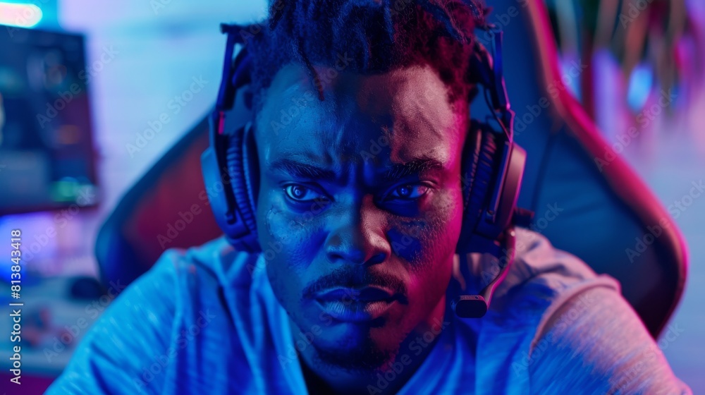 Gamer playing online video game on computer. Close up portrait of a stylish black man wearing headphones and talking on the microphone. Cyber Gaming Neon Room. Gamer playing online video game on computer. Close up portrait of a stylish black man wearing headphones and talking on the microphone. Cyber Gaming Neon Room.