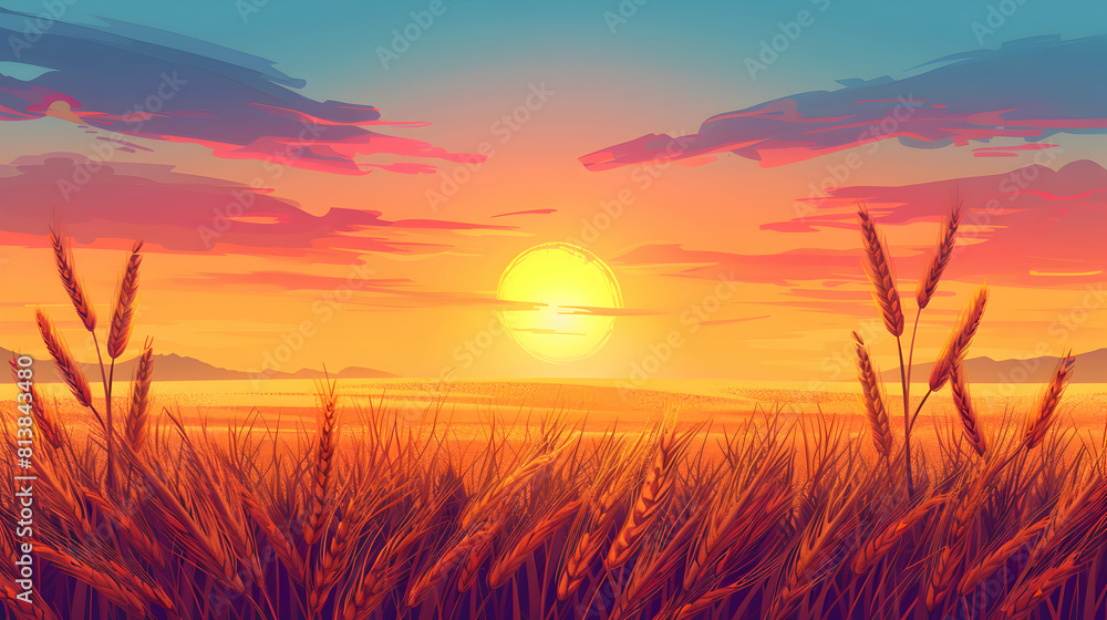 Golden Field Sunset: Setting Sun Illuminating Wheat Field in Warm Light, Countryside End of Day   Flat Design Icon