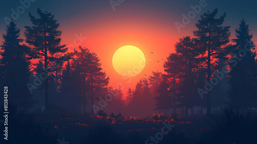 Forest Edge Sunset  The sun sets at the edge of a vast forest  casting long shadows and illuminating treetops   Flat Design Icon Concept