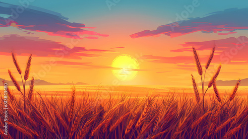 Golden Field Sunset  Setting Sun Illuminating Wheat Field in Warm Light  Countryside End of Day   Flat Design Icon
