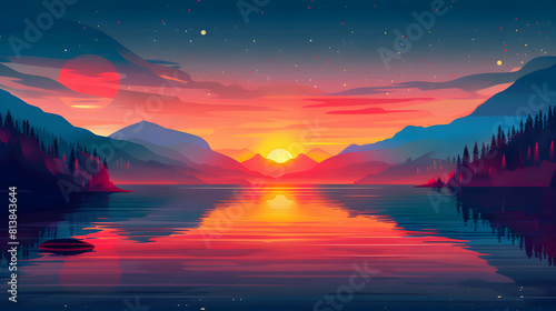 Lakeside Sunset Reflections: Sun s Dance on the Lake   Stunning Flat Design Concept with Colorful Tapestry in Peaceful Waters © Gohgah