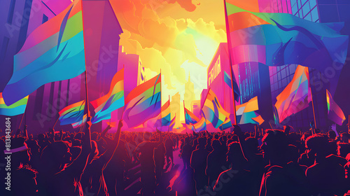 Proud LGBTQ Rights March  Advocating for Equality with Speakers  Banners  and Determined Crowd   Flat Design Concept