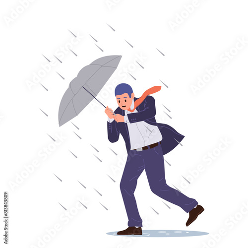 Businessman cartoon character with umbrella struggling against rain downpour vector illustration